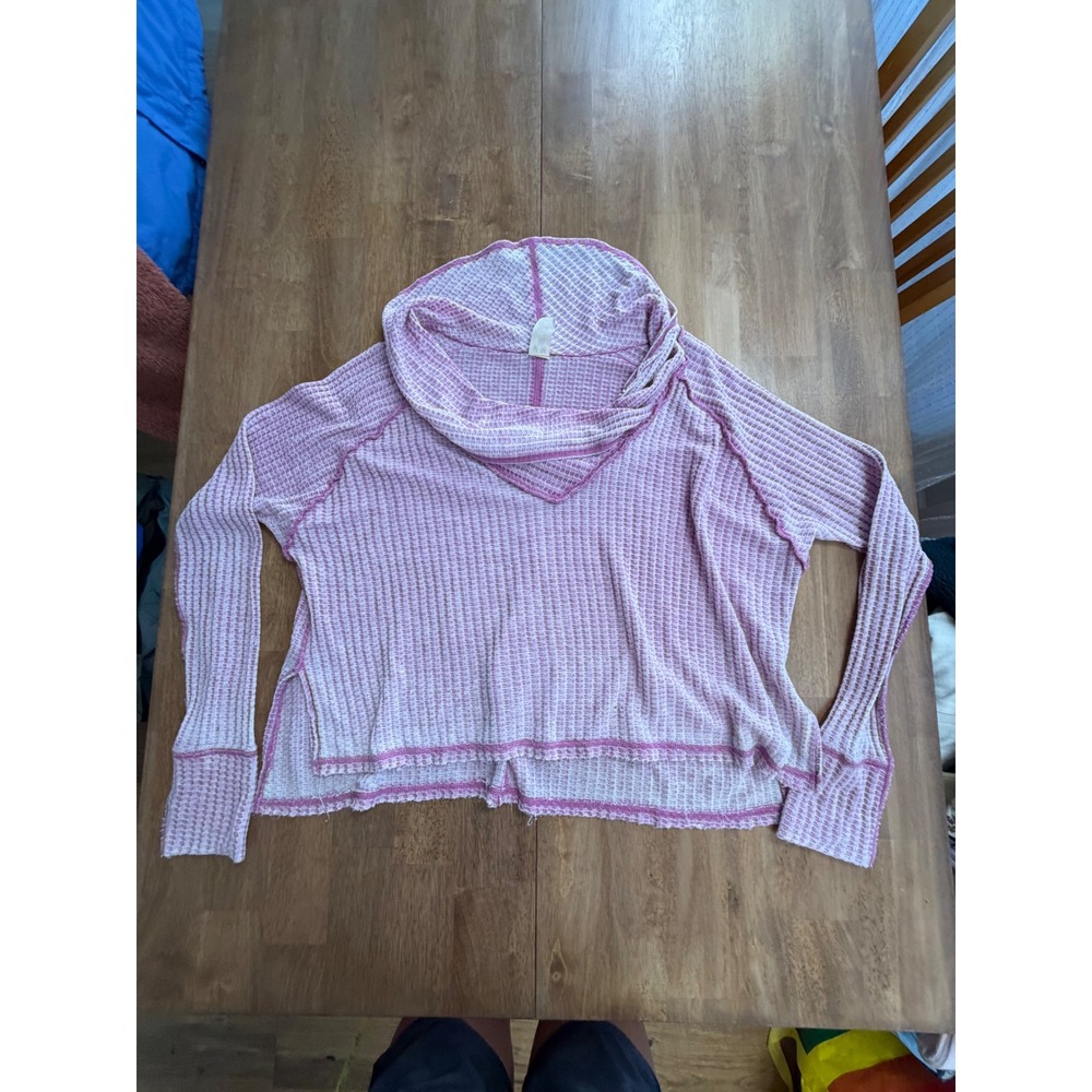 Free People We The Free Pink Waffle Knit Cowl Neck Thermal Top Medium